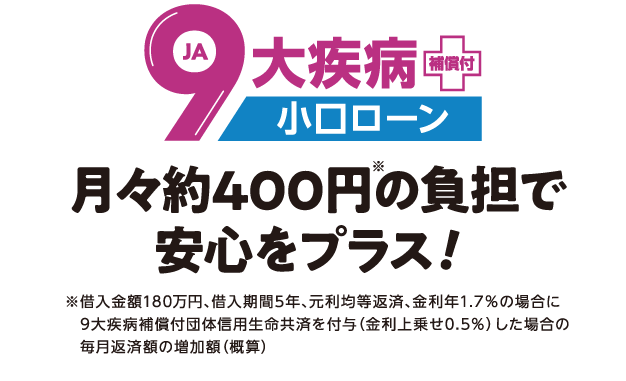 9大疾病 補償付 小口ローン　月々約400円の負担で安心をプラス！