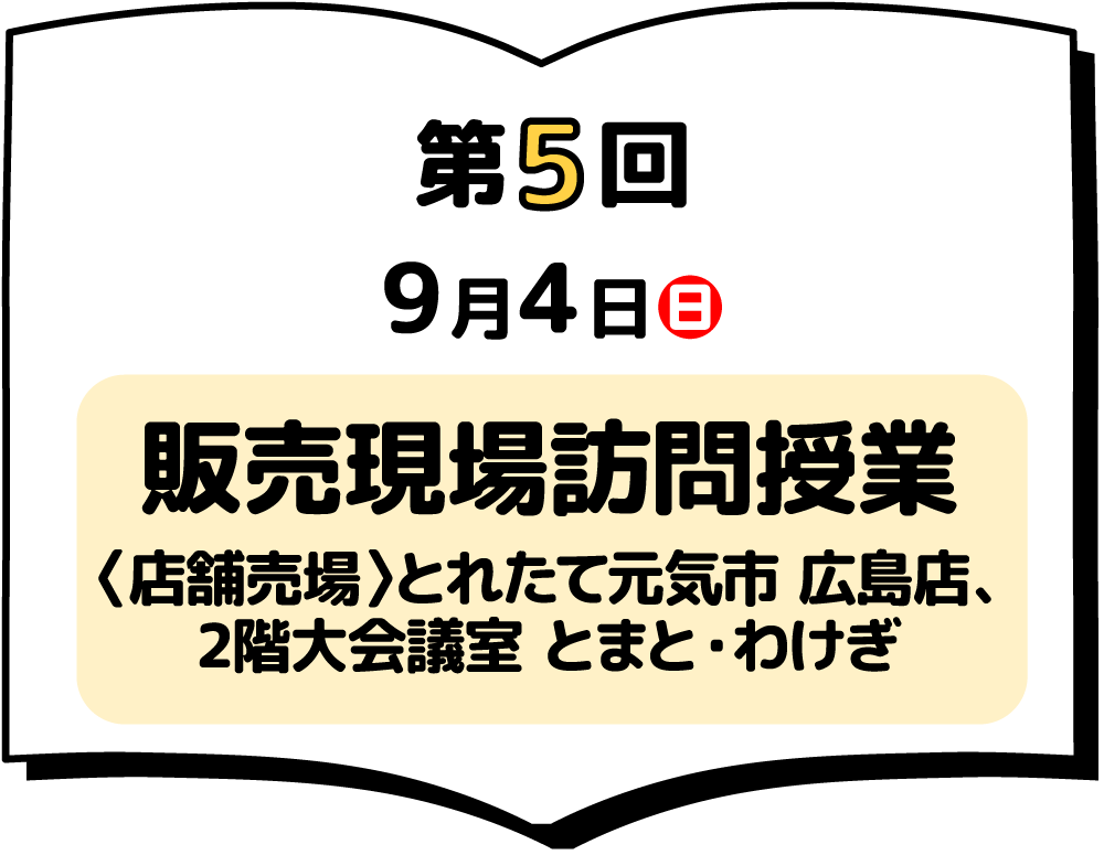 第5回 9月4日(日) 販売現場訪問授業〈店舗売場〉とれたて元気市 広島店、2階大会議室 とまと・わけぎ