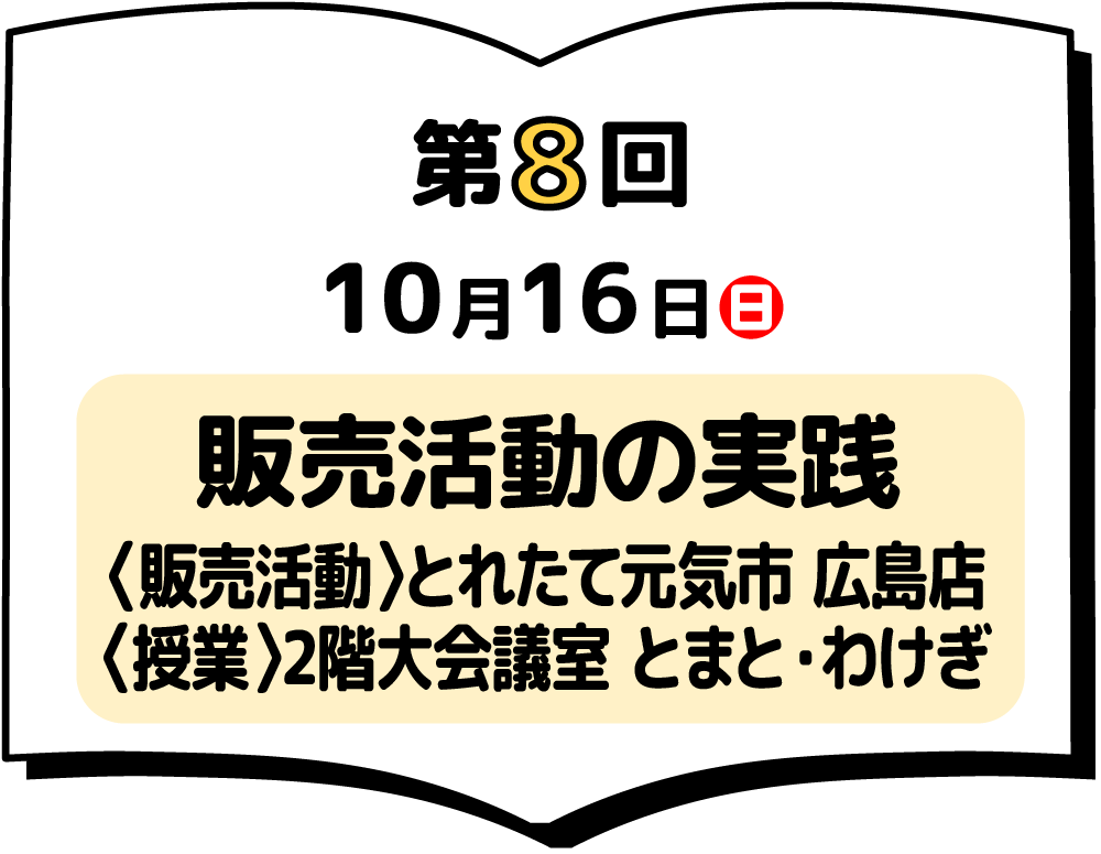 第8回 10月16日(日) 「第8回授業」販売活動の実践〈販売活動〉とれたて元気市 広島店、〈授業〉2階大会議室 とまと・わけぎ